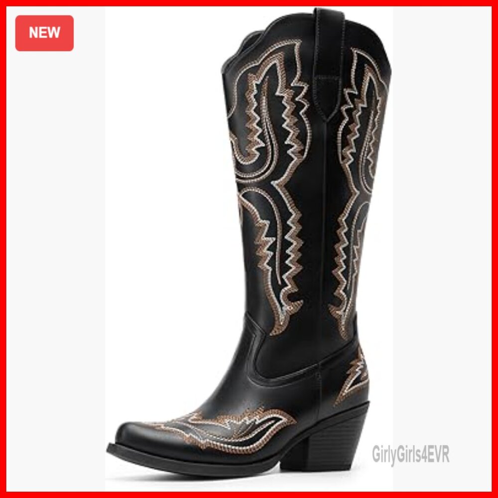 Knee High Western Boots With Embroidered Design And Square Toe